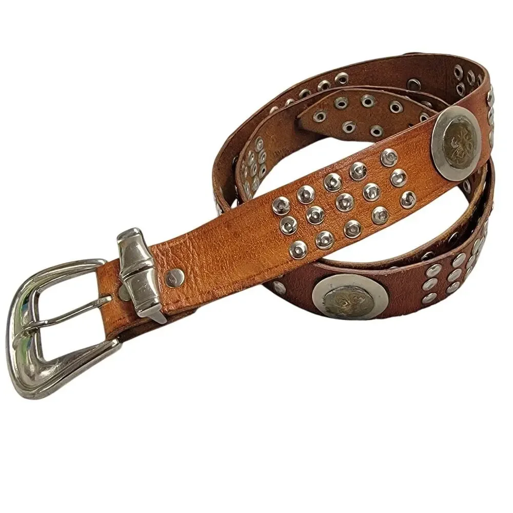 Vintage Brown Leather Studded Concho Belt Four Leaf Clover Silver Tone Boho